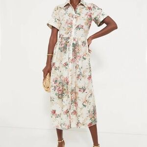 $1645 Erdem Ecru Multi Flared Cuff Fit & Flare Floral Linen Shirt Dress Size 12